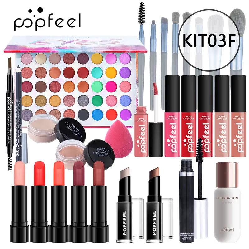 POPFEEL Makeup Full Kit Female Make up Set Eye Shadow Eyeshadow Palette Lip Gloss Mascara Eyeliner Brushes Bag Make-Up for Women