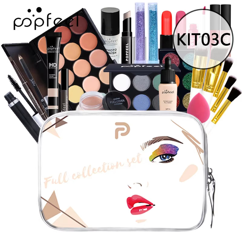 POPFEEL Makeup Full Kit Female Make up Set Eye Shadow Eyeshadow Palette Lip Gloss Mascara Eyeliner Brushes Bag Make-Up for Women