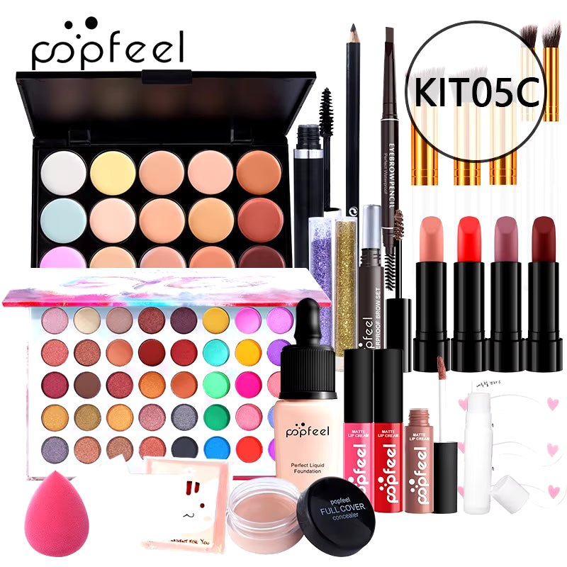 POPFEEL Makeup Full Kit Female Make up Set Eye Shadow Eyeshadow Palette Lip Gloss Mascara Eyeliner Brushes Bag Make-Up for Women