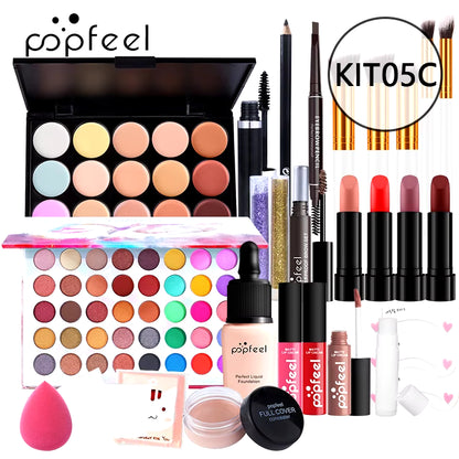 POPFEEL Makeup Full Kit Female Make up Set Eye Shadow Eyeshadow Palette Lip Gloss Mascara Eyeliner Brushes Bag Make-Up for Women